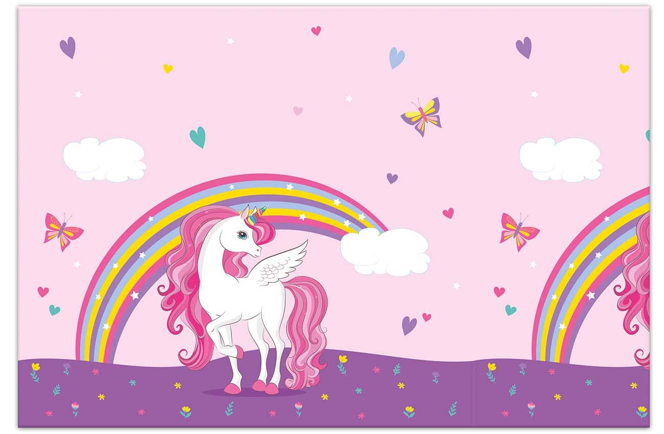 Procos 93761 Tablecloth Unicorn Rainbow Colours Size 120 x 180 cm Plastic Wipe Clean Birthday Theme Party, Printed Design, Multicoloured