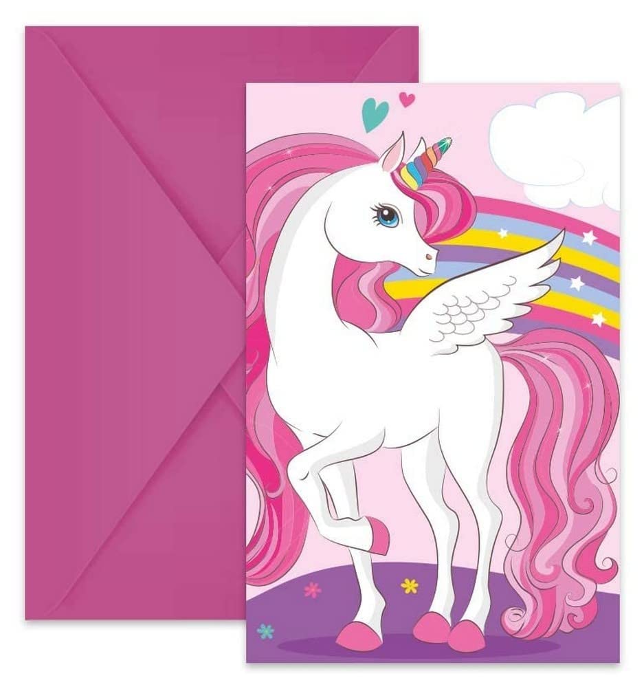 Procos 93766 Invitations Unicorn Rainbow Colours FSC, Pack of 6 with Envelope, Birthday, Theme Party, Multicoloured