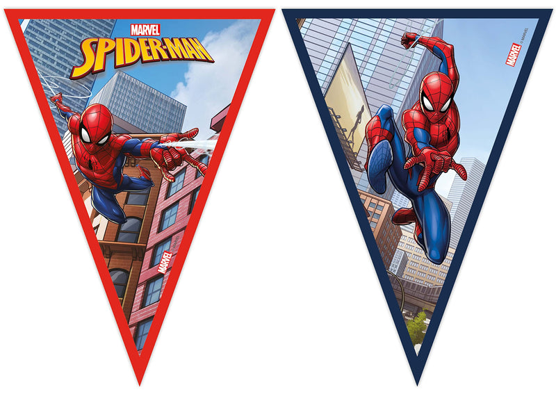 Procos - 9 Triangular Marvel Spider-Man Crime Fighter in FSC Folat Paper 93867P Spider-Man Flag, Multicoloured, 2.3 Metre-Line Flag, Garland, Children's Birthday Party