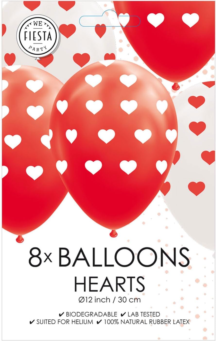 Balloons - With hearts - red / white - 30 cm - 8pcs.
