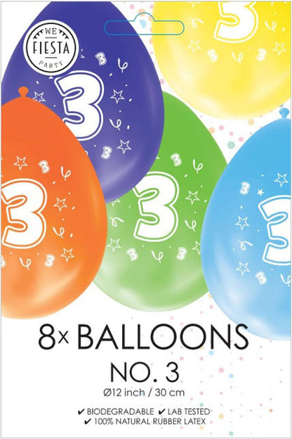 Globos - Ballonnen 2-zijdig Geprint Cijfer 3 8st.