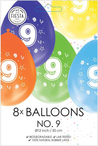 Globos - Ballonnen 2-zijdig Geprint Cijfer 9 8st.