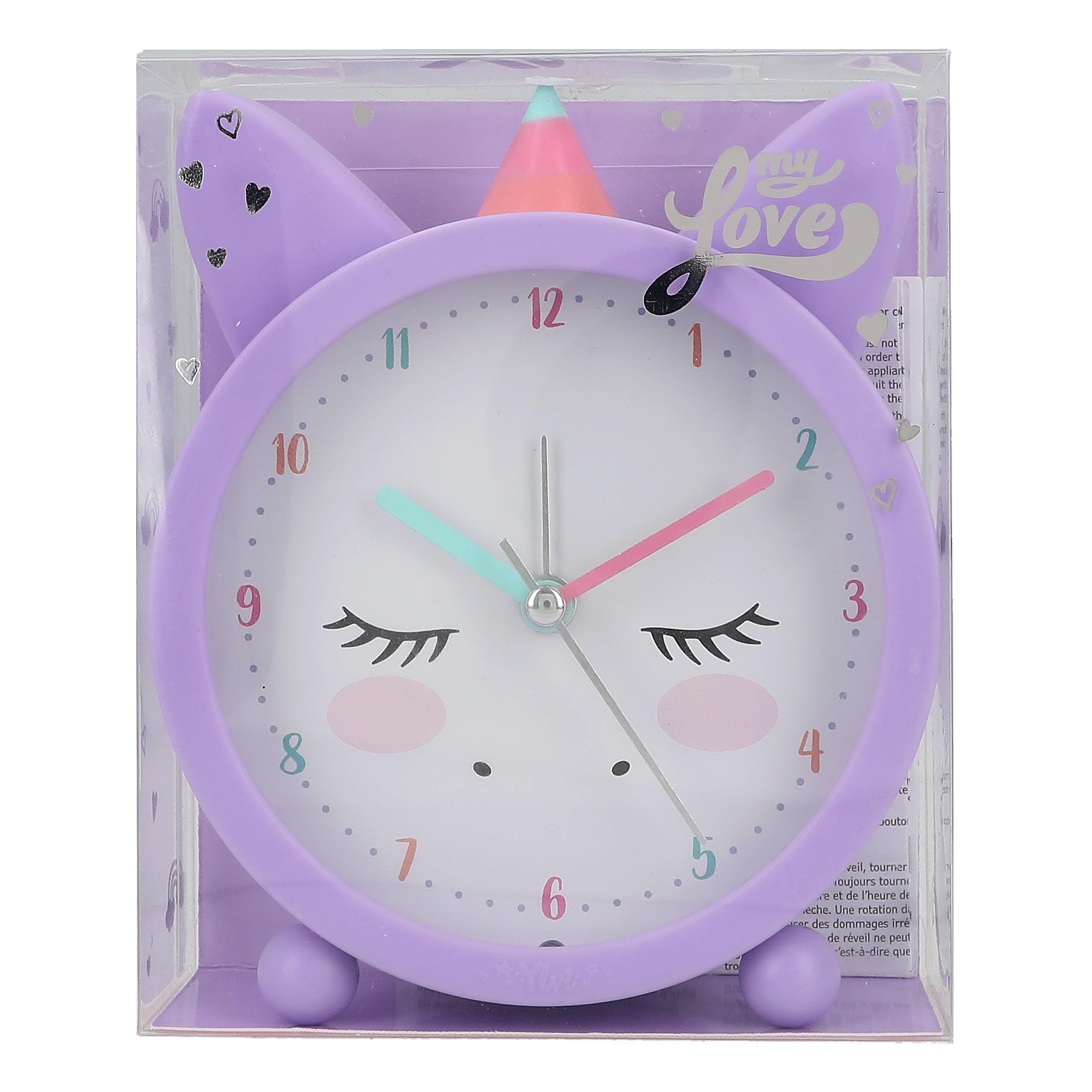 Depesche 12505 Ylvi-Analogue Alarm Clock for Girls Fans Pink Design with Ears and Unicorn, Silent and with Light Function, Battery Operated, Black
