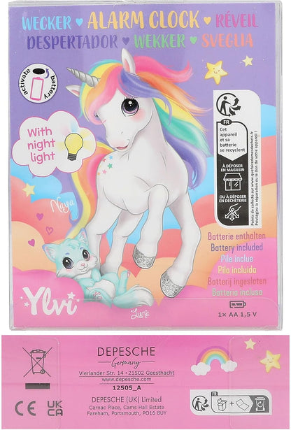 Depesche 12505 Ylvi-Analogue Alarm Clock for Girls Fans Pink Design with Ears and Unicorn, Silent and with Light Function, Battery Operated, Black