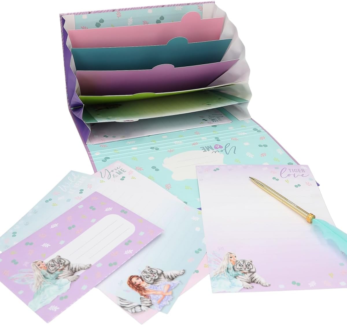 Depesche 12708 TOPModel Fantasy Tiger - Juego de papelería en carpeta abanico, incl. 24 hojas con membrete 3 diseños y sobres