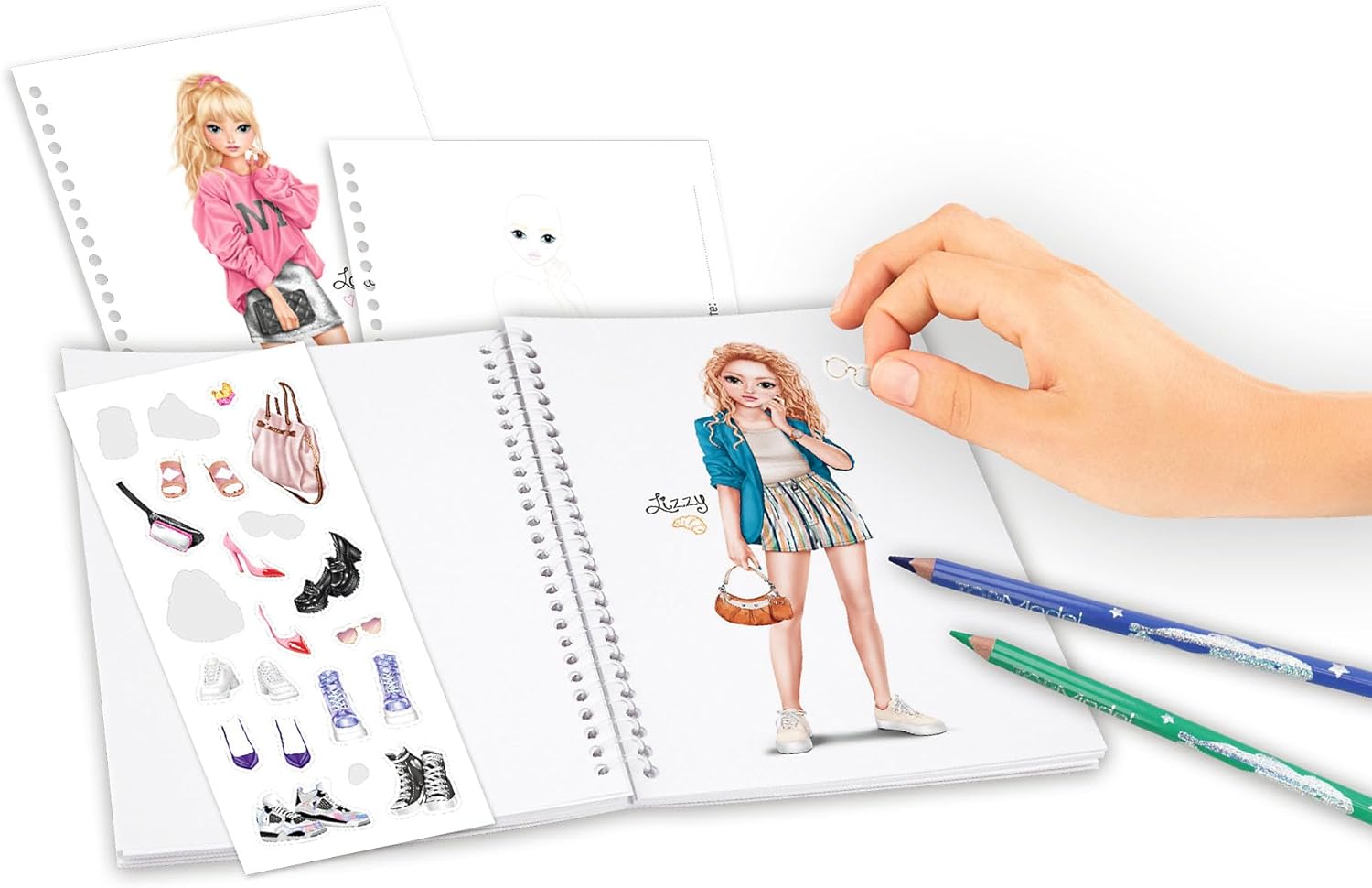 Depesche 12726 TOPModel - Zakkleurboek in praktisch formaat met 120 pagina's voor het ontwerpen van outfits, kleurboek met stickervel en spiraalbinding