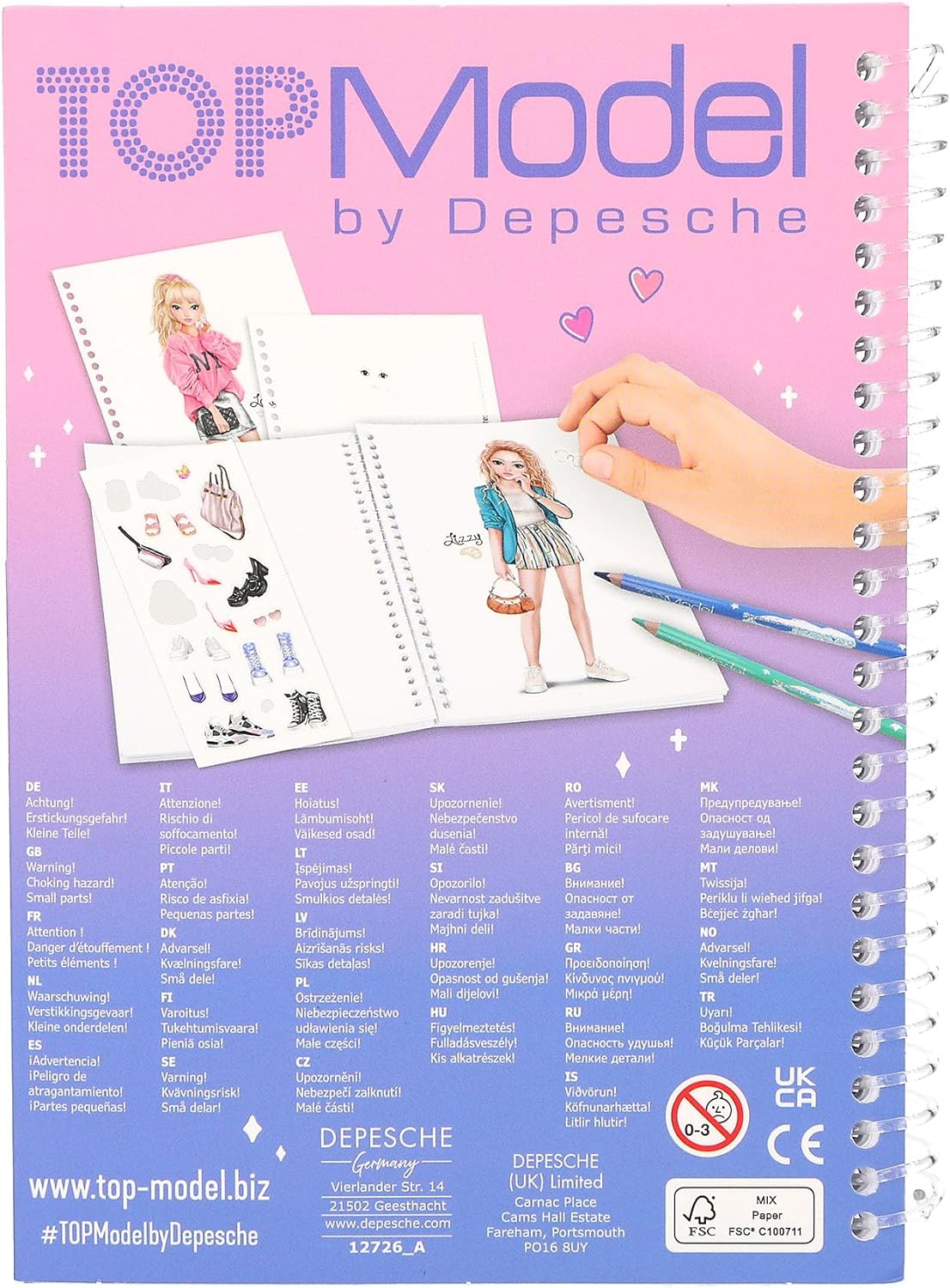 Depesche 12726 TOPModel - Zakkleurboek in praktisch formaat met 120 pagina's voor het ontwerpen van outfits, kleurboek met stickervel en spiraalbinding