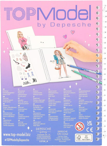 Depesche 12726 TOPModel - Zakkleurboek in praktisch formaat met 120 pagina's voor het ontwerpen van outfits, kleurboek met stickervel en spiraalbinding