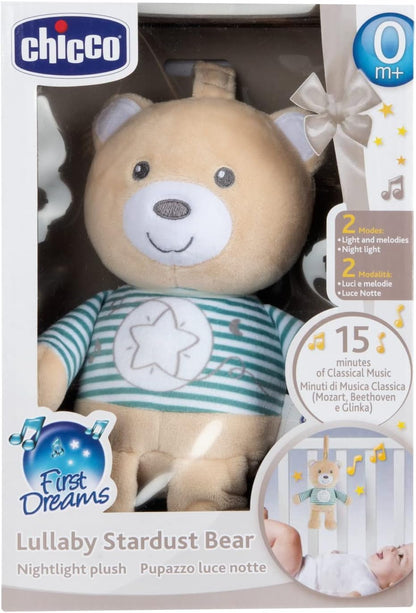Chicco Lullaby Stardust Bear | Soft Plush Toy for Cots, Cribs, Pushchairs & Strollers, Calming Music for Baby