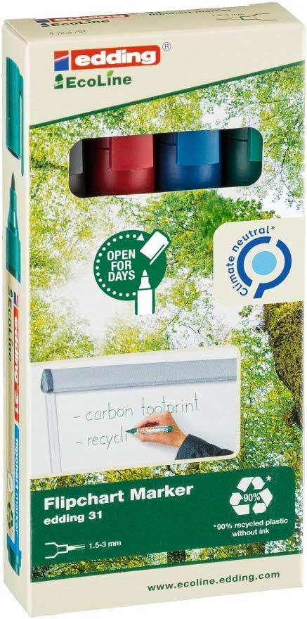 edding 31 EcoLine flipchart marker set - multi-coloured - 4 pens - round nib 1.5-3 mm - marker for writing, drawing and marking on flipchart paper - does not bleed through - refillable
