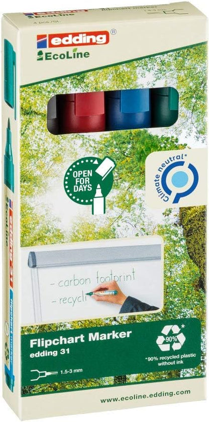 edding 31 EcoLine flipchart marker set - multi-coloured - 4 pens - round nib 1.5-3 mm - marker for writing, drawing and marking on flipchart paper - does not bleed through - refillable