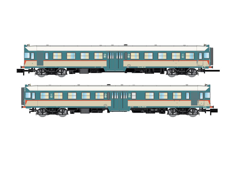 FS ALn 668 3100er-Reihe Dieseltriebwagen, 2 Stück, mit 1 Doppeltür, Originallackierung, gewölbte Fenster, Epoche IV