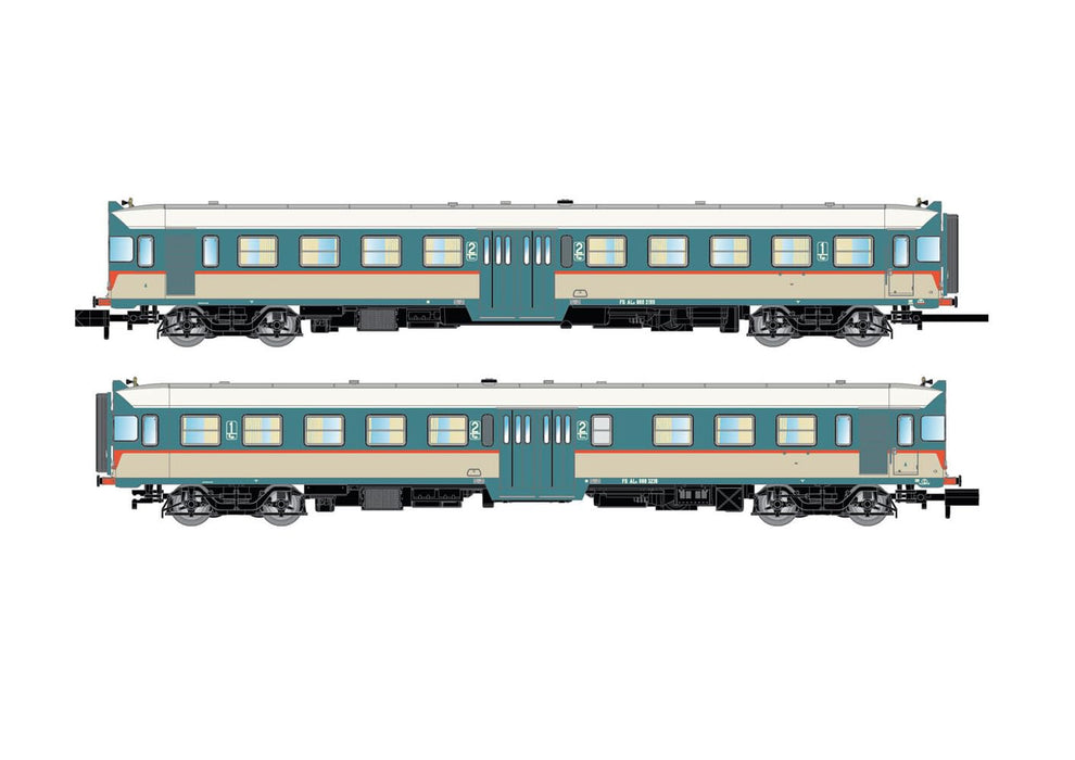 FS ALn 668 3100er-Reihe Dieseltriebwagen, 2 Stück, mit 1 Doppeltür, Originallackierung, gewölbte Fenster, Epoche IV, DCC-Sound