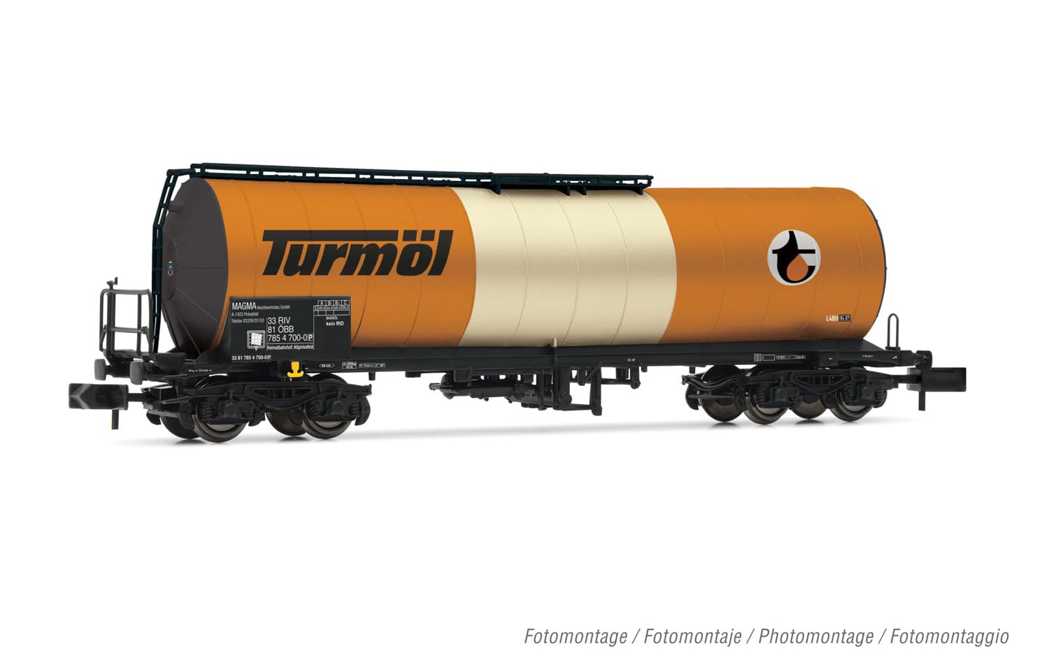 ÖBB Tankwagen, 4 Achsen, isoliert, grau/orange/weiß lackiert, „Turmöl“, Epoche IV–V