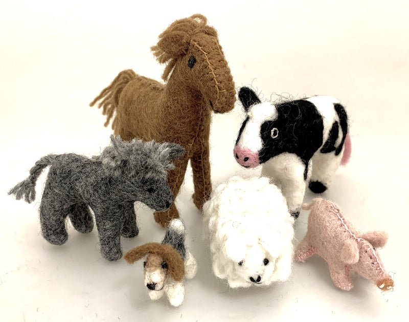 Papoose Toys - Fairtrade toy figures of felt, handmade farm animals, children's play set with cow, horse, sheep, donkey, pig, dog