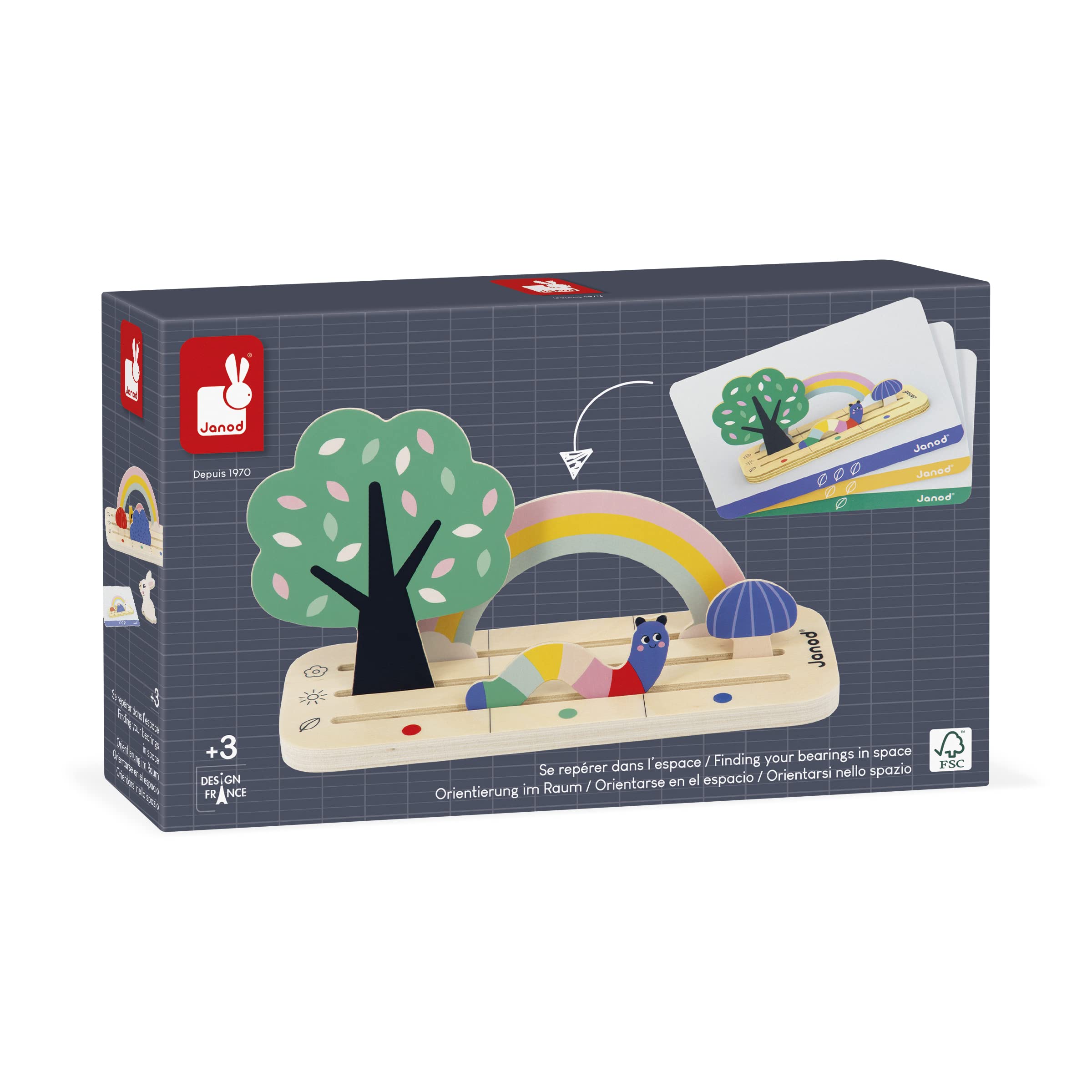 Janod Pédagogie Range-Finding Your Bearings in Space-The Garden-9 FSC Wood Accessories + 12 Cards-Children’s Educational Toy-36 Months +, J05077, Multicolor