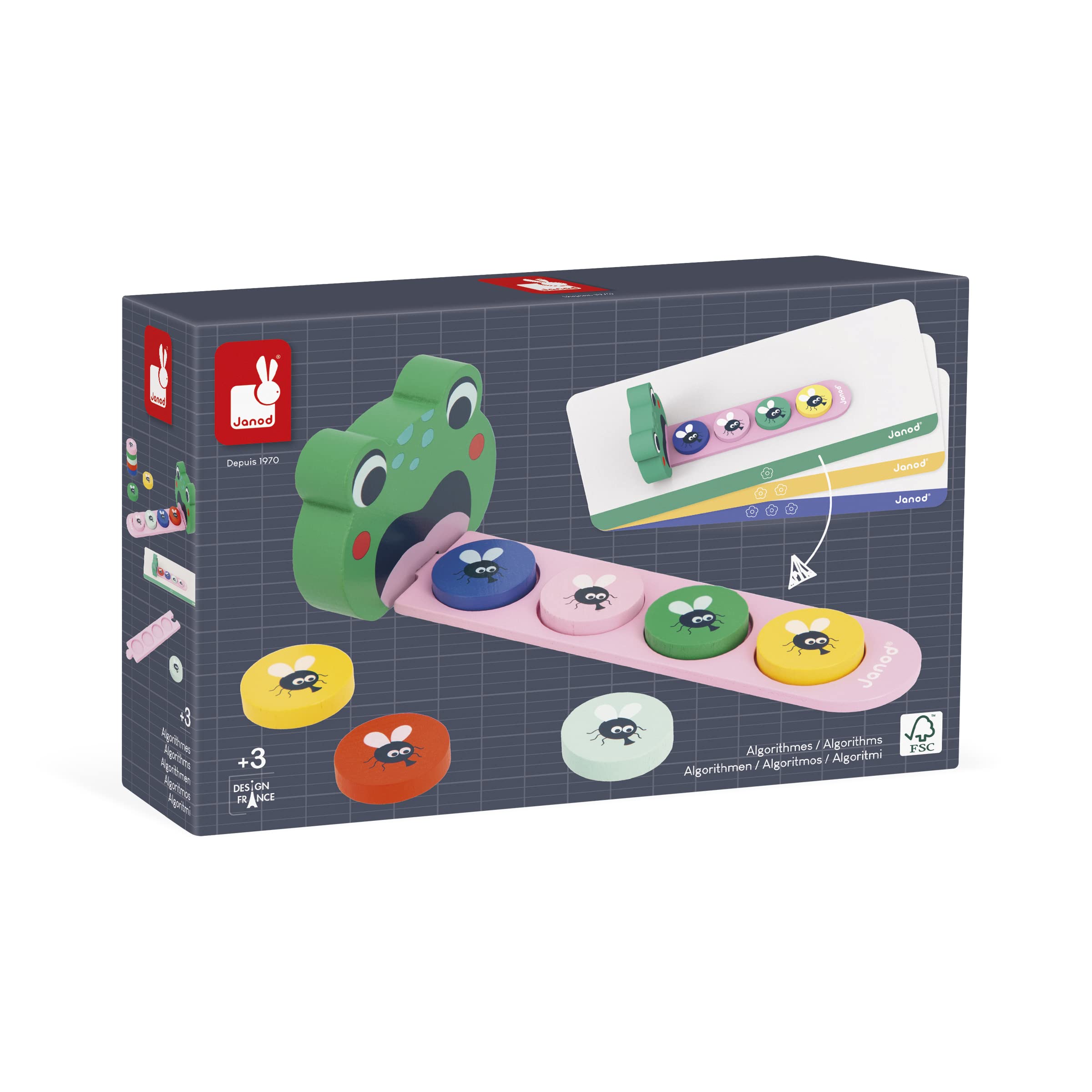 Janod Pédagogie Range Algorithms-Learn Colours and Sequences-Children’s Educational Toy-Frog Game-36 Months +, J05088, Multicolor Frog Algorithms - Learn Colours and Sequences
