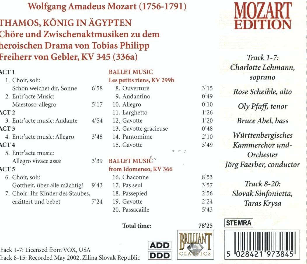 Thamos, König in Ägypten - Chöre und Zwischenaktmusiken zu dem heroischen Drama von Tobias Philipp Freiher von Gebler, KV 345 (336a)