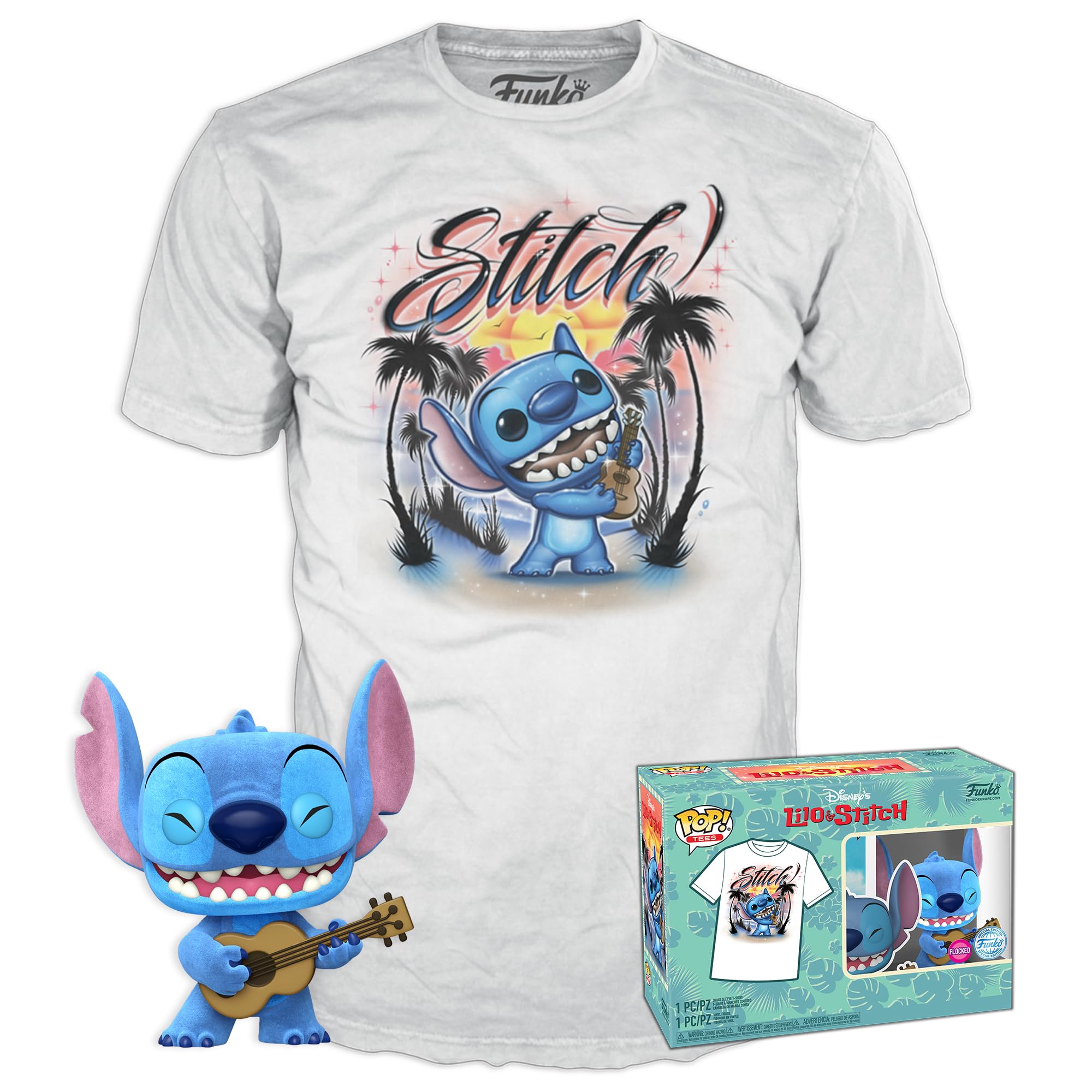 Funko Pop! & tee: Lilo & Stitch - Ukelele Stitch - Afelpado - Small - (S) - Camiseta, Franela - Ropa con Figura de Vinilo Coleccionable - Idea de Regalo - Juguetes y Camiseta de Manga Corta Hombres
