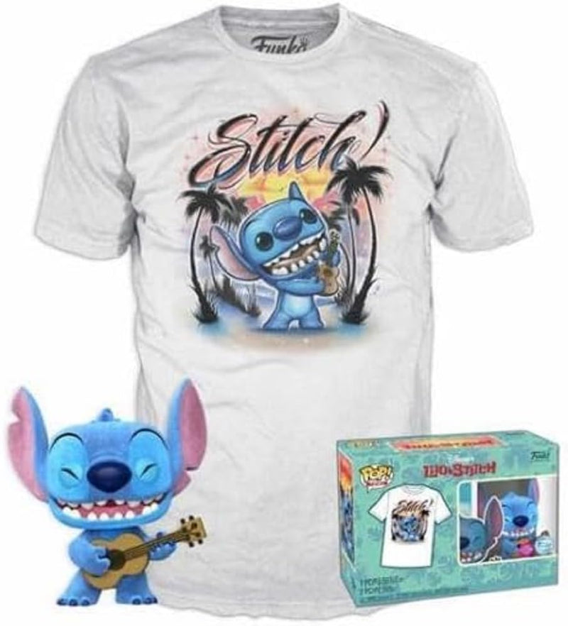 Funko Pop! & tee: Lilo & Stitch - Ukelele Stitch - Afelpado - Small - (S) - Camiseta, Franela - Ropa con Figura de Vinilo Coleccionable - Idea de Regalo - Juguetes y Camiseta de Manga Corta Hombres