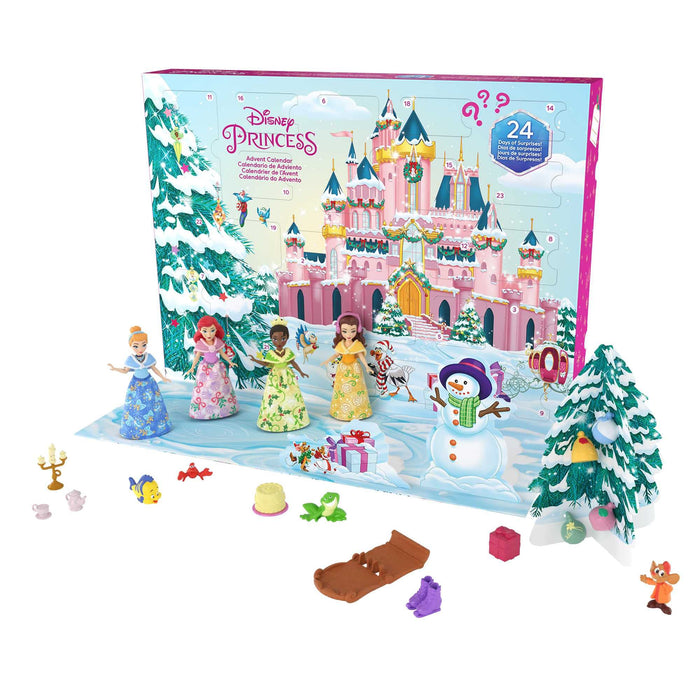 Mattel Disney Princess Advent Calendar, 24 Days of Surprises Include 4 Princess Small Dolls, 5 Friends & 16 Accessories