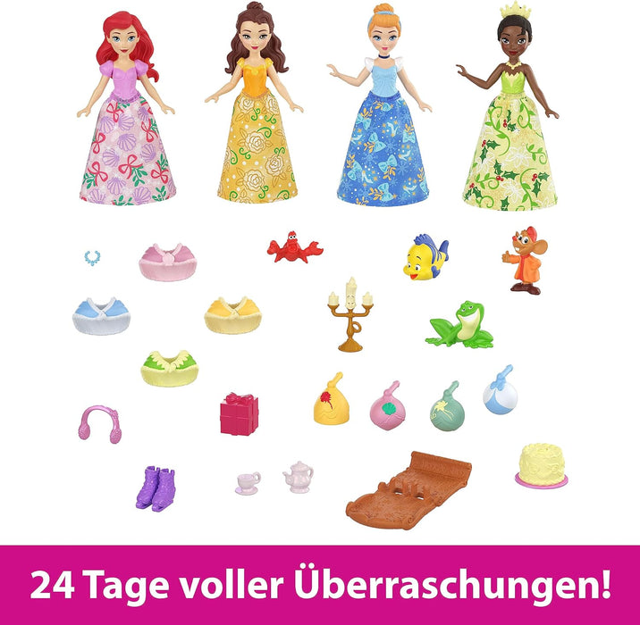 Mattel Disney Princess Advent Calendar, 24 Days of Surprises Include 4 Princess Small Dolls, 5 Friends & 16 Accessories