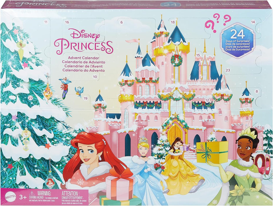 Mattel Disney Princess Advent Calendar, 24 Days of Surprises Include 4 Princess Small Dolls, 5 Friends & 16 Accessories