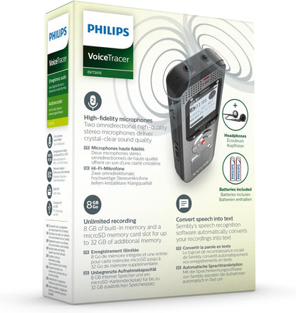 Philips VoiceTracer Audio Recorder DVT2015, Stereo MP3, 8 GB internal memory, with Speech-to-Text Cloud Software
