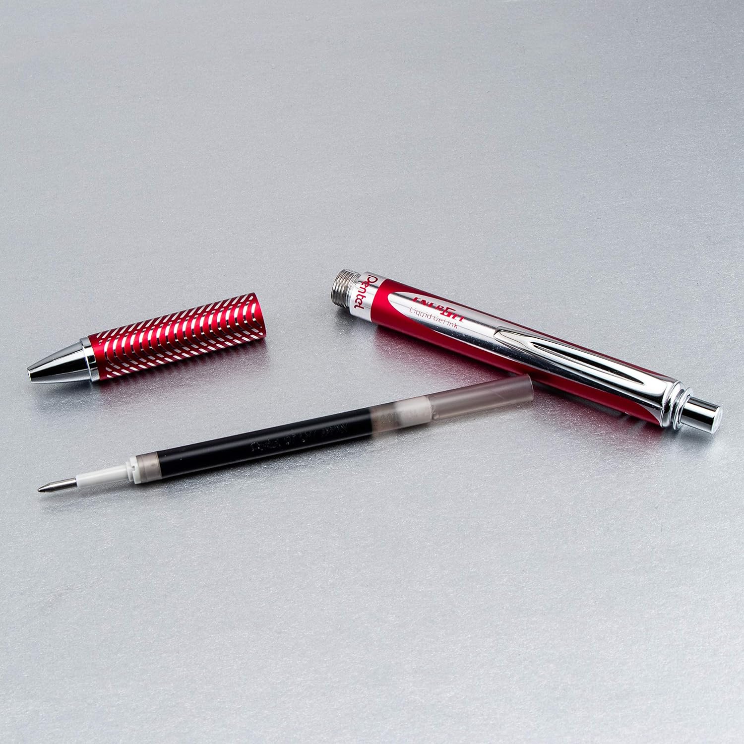 Pentel EnerGel Sterling BL407-A Gel Ink Pen with Twist Mechanism Metal Casing 0.35 mm - Silver/Red