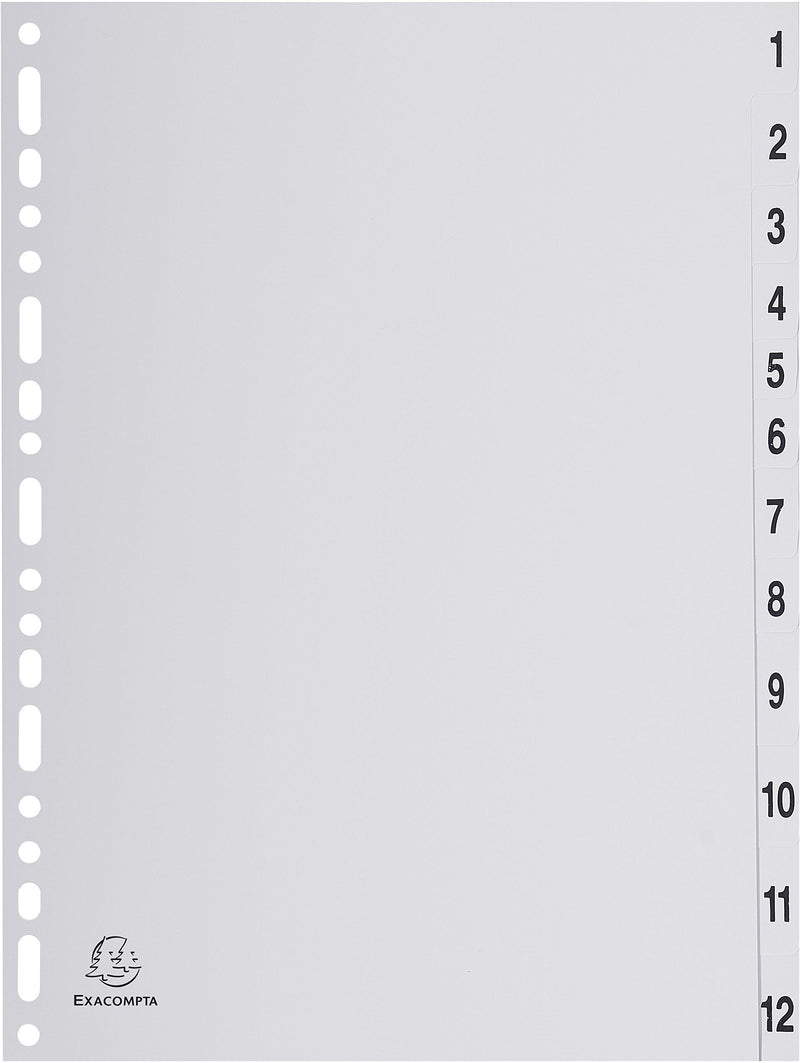 Exacompta - Ref 1912E - PP Printed Indices - For Use With A4 Documents, 0.1mm Polypropylene, Pre-Punched, Soft & Tear Resistant - 12 Divider Parts (1-12
