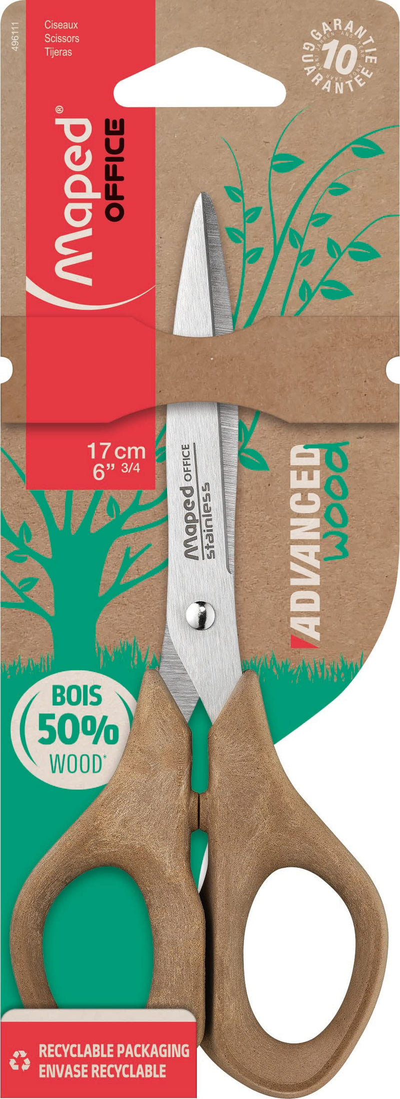 Maped - Ciseaux Advanced 50% PP Wood - Bout Pointu - Lames et Rivet en Acier Inoxydable - Poignées Ergonomiques 3D à 50% en Poudre de Bois - Garantis 10 ans - Ciseaux 17 cm