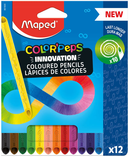 Maped COLOR'PEPS INFINITY COLOURED PENCILS - 12 COLOURS - 100% COLOURED LEAD - NO SHARPENING NECESSARY - 100% USABLE, ZERO WASTE