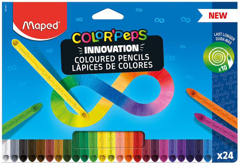 Maped - Innovative Colour'Peps Infinity Colouring Pencils - 100% Coloured Lead - No Sharpening Required - 100% Usable - Soft and Very Comfortable on Paper - Pack of 24