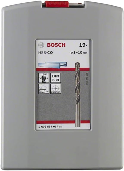 Bosch Professional 19pc. HSS-Cobalt ProBox Metal Drill Bit Set (for Stainless Steel, Ø 1-10 mm, Accessories Drill Driver and Drill Stand) 1mm-10mm HSS-CO Single