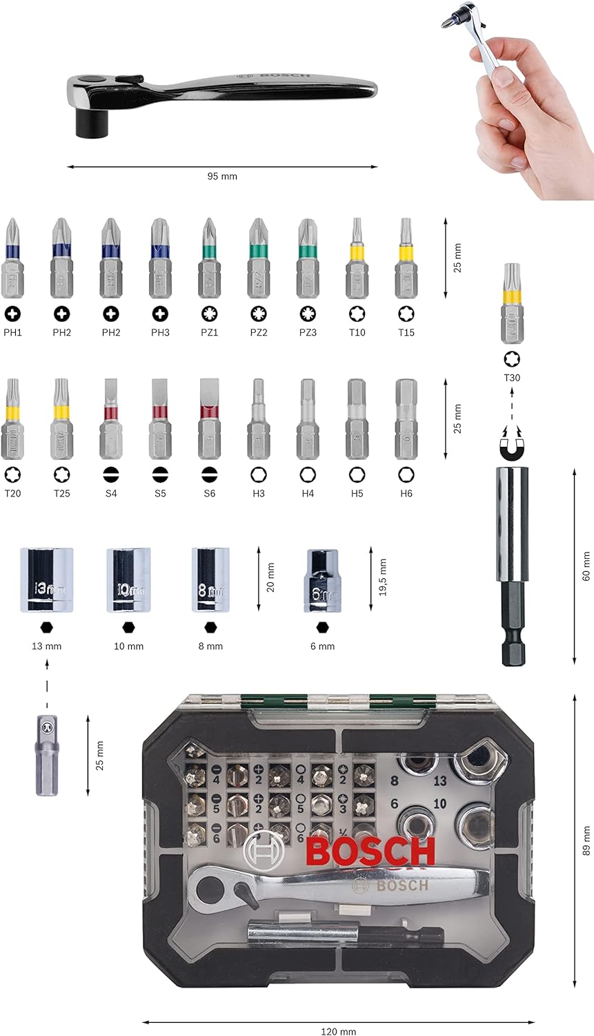 Bosch 26pc. Screwdriver Bit and Ratchet Set (PH-, PZ-, Hex-, T-, S-Bit, Accessories Drill and Screwdriver