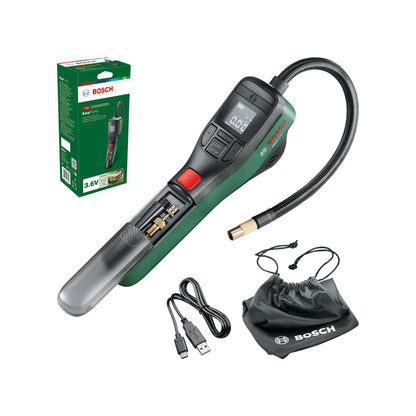 Bosch elektrische Fahrradpumpe / Luftpumpe / Mini Kompressor EasyPump (3,0 Ah Akku, 3,6 Volt, Autostop-Funktion, 150 PSI, 10,3 bar, LED, über USB-C® wiederaufladbar, im Karton) incl. Akku incl. Akku