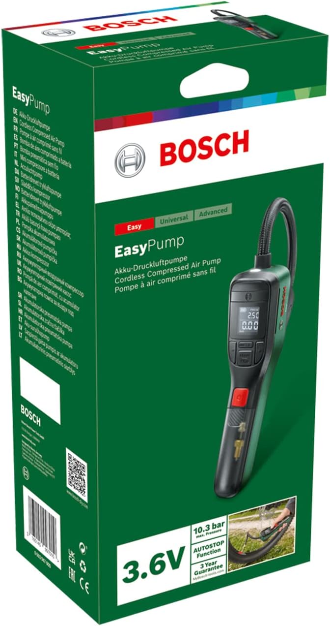 Bosch elektrische Fahrradpumpe / Luftpumpe / Mini Kompressor EasyPump (3,0 Ah Akku, 3,6 Volt, Autostop-Funktion, 150 PSI, 10,3 bar, LED, über USB-C® wiederaufladbar, im Karton) incl. Akku incl. Akku