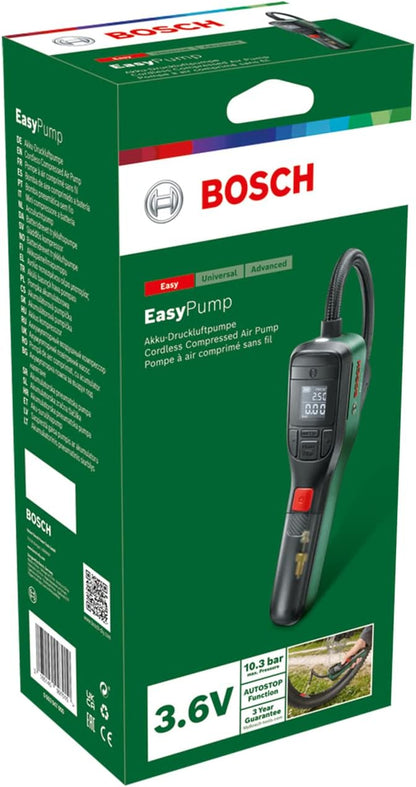Bosch elektrische Fahrradpumpe / Luftpumpe / Mini Kompressor EasyPump (3,0 Ah Akku, 3,6 Volt, Autostop-Funktion, 150 PSI, 10,3 bar, LED, über USB-C® wiederaufladbar, im Karton) incl. Akku incl. Akku