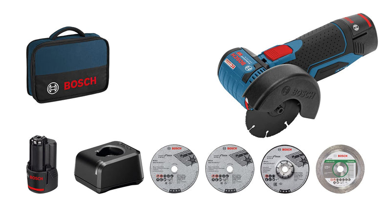 Bosch Professional 12V System GWS 12V-76 cordless angle grinder (including 2x2.0 Ah battery, 5-piece cutting and grinding disc set, in bag)