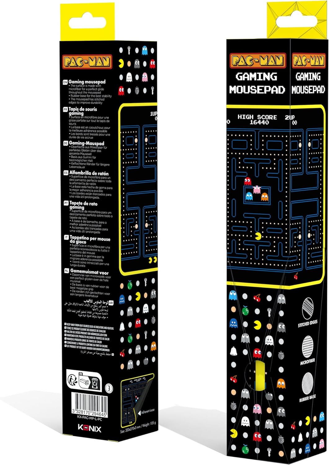Konix Pac - Man Gaming - Mauspad 32 x 27 cm - Ultradünne 3D - Silikonoberfläche - rutschfeste Gummiunterlage - Schwarz und Gelb