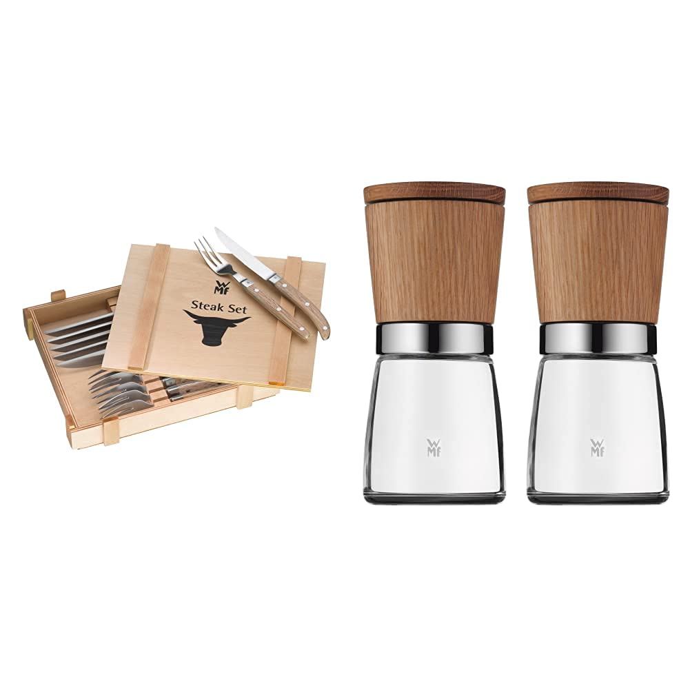 WMF Ranch Steakbesteck 12-teilig, für 6 Personen, Steakgabel, Steakmesser, Spezialklingenstahl geschmiedet, Cromargan Edelstahl mattiert & Ceramill Nature Salz und Pfeffer Mühle Set 2-teilig Set 12-teilig Bundle mit Salz und Pfeffer Mühle Set