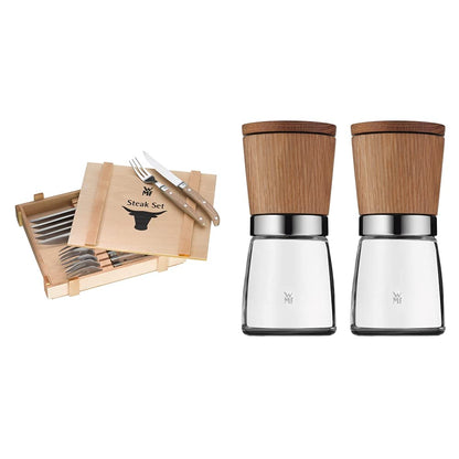 WMF Ranch Steakbesteck 12-teilig, für 6 Personen, Steakgabel, Steakmesser, Spezialklingenstahl geschmiedet, Cromargan Edelstahl mattiert & Ceramill Nature Salz und Pfeffer Mühle Set 2-teilig Set 12-teilig Bundle mit Salz und Pfeffer Mühle Set