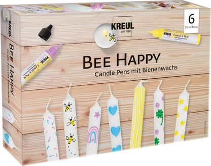 Kreul Bee Happy 49757 Candle Pen Set of 6 6 x 29 ml Fine Painting Tip Colours with Beeswax for Decorating and Painting Candles Drying Time Approx. 8 Hours