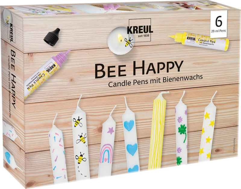 Kreul Bee Happy 49757 Candle Pen Set of 6 6 x 29 ml Fine Painting Tip Colours with Beeswax for Decorating and Painting Candles Drying Time Approx. 8 Hours