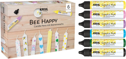 Kreul Bee Happy 49757 Candle Pen Set of 6 6 x 29 ml Fine Painting Tip Colours with Beeswax for Decorating and Painting Candles Drying Time Approx. 8 Hours