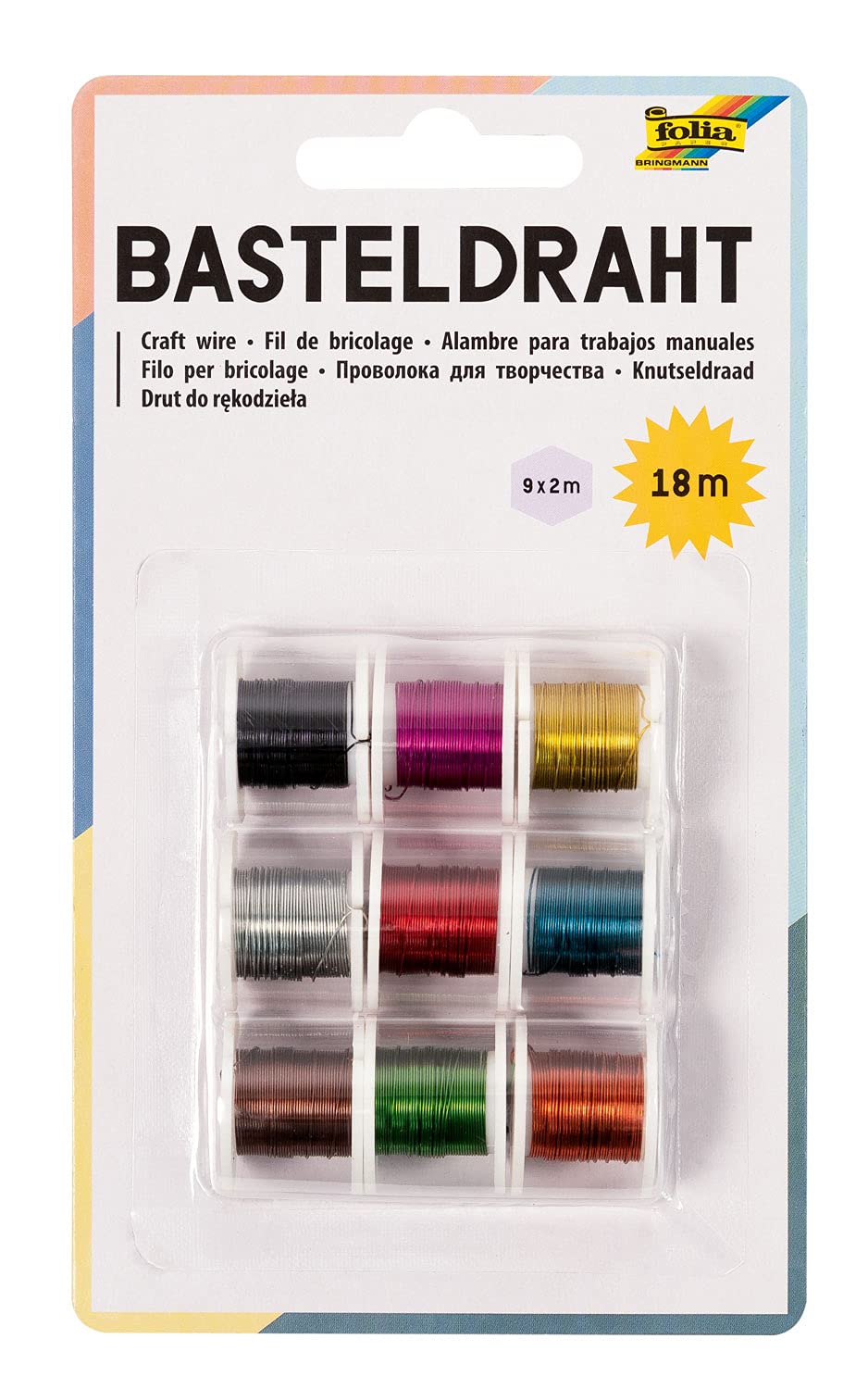Glorex 9 Piece Artistic Wire Spools of 2 m Assorted Colours, Multicoloured, 17 x 10 x 3 cm, 1 Units