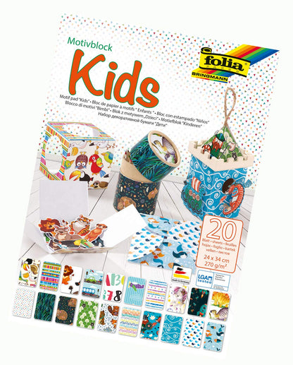 Folia 48949 Children's Motif pad, 270 g/m², Approx. 24 x 34 cm, Sheets Assorted in 20 Different Designs, Colourful Kids