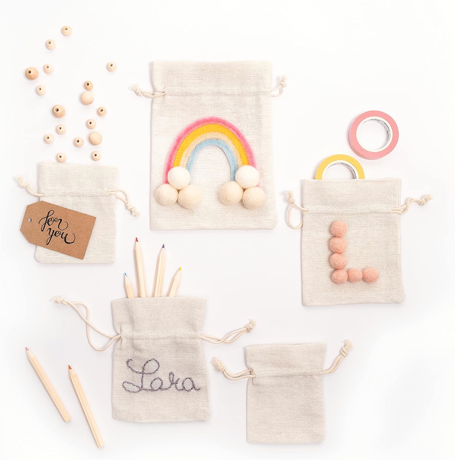 folia 64101 - Fabric Bags, Natural, Pack of 6, Made of Cotton/Polyester, in 3 Different Sizes, Ideal for Gifting or Storing Small Items
