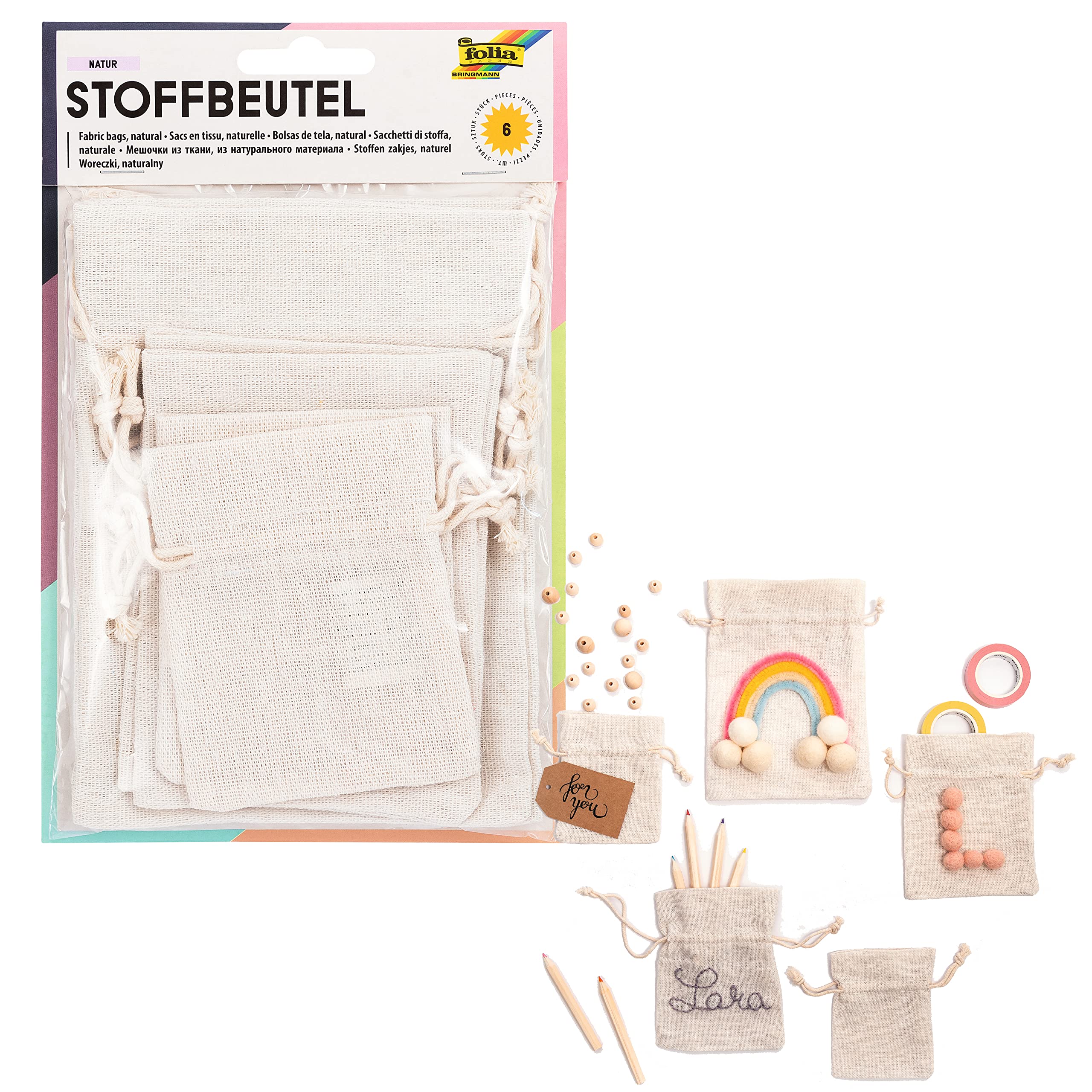 folia 64101 - Fabric Bags, Natural, Pack of 6, Made of Cotton/Polyester, in 3 Different Sizes, Ideal for Gifting or Storing Small Items
