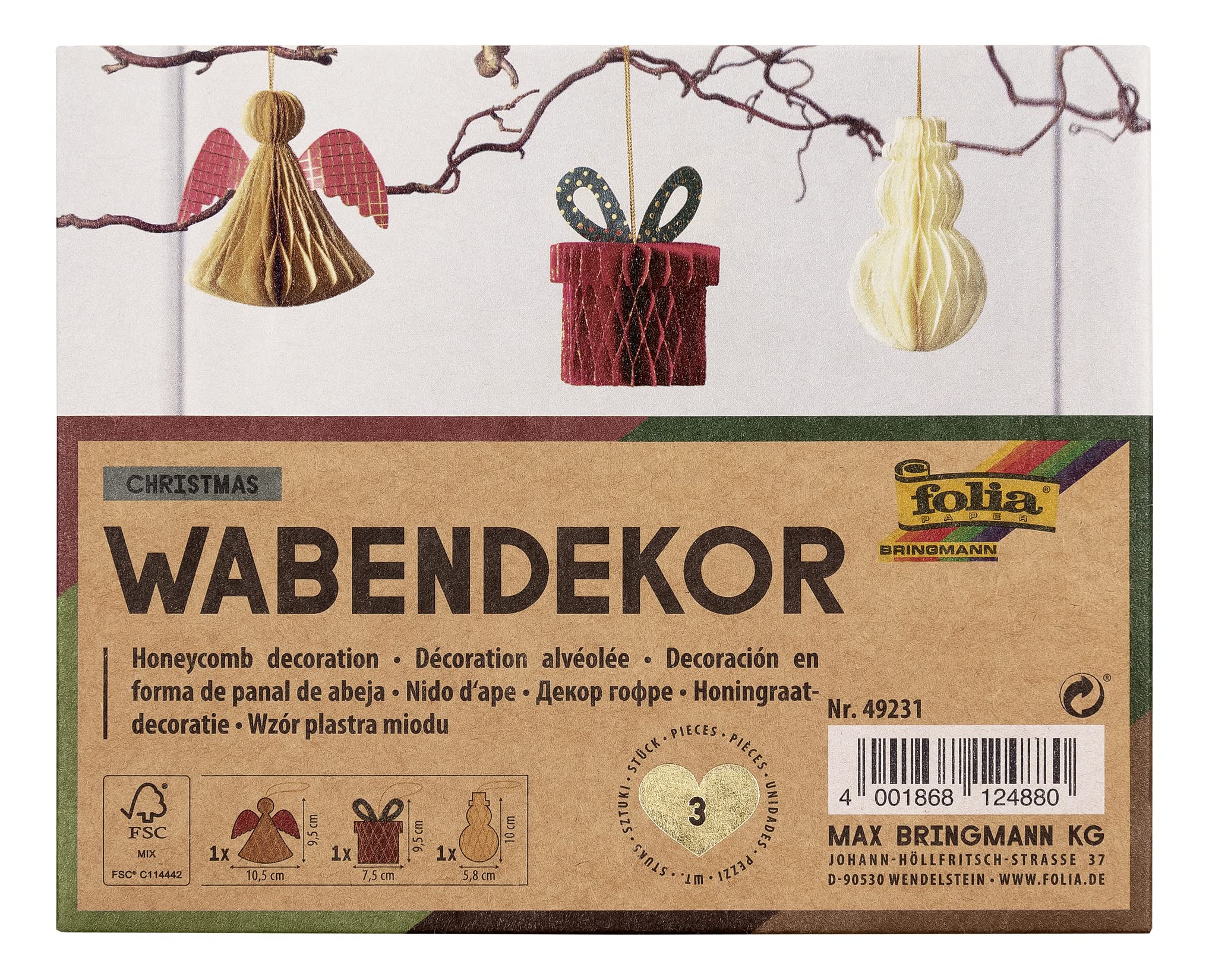 folia 49231 Christmas Honeycomb Decoration Set of 3 Foldable Christmas Decorations for Indoor Use White / Red / Beige / Small
